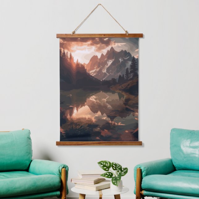 Spiegelgebirge Wandteppich Mit Holzrahmen (Wohnzimmer)