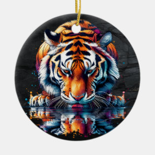Spiegelung eines Tigers beim Trinken von Wasser  Keramik Ornament
