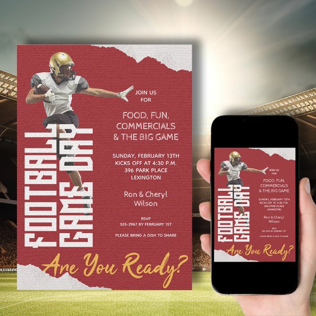 Spiel auf Fußball Spieler in Rot Einladung (American Football Player on Red Bowl Game Invitations - order INSTANT DOWNLOAD, PRINTED or both!)