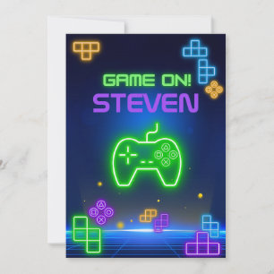 Spiel auf Neon-Grün, Blau, Gelb Gamer-Einladung Einladung