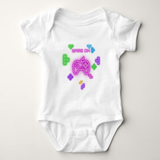 Spiel auf Neonfarben, Rosa, Grün, Blau & Gamer Bab Baby Strampler (Vorderseite)