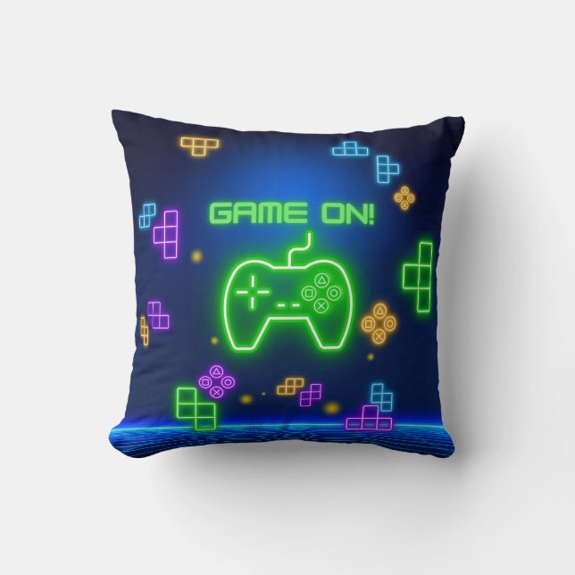 Spiel auf Neongrün, Blau, Gamer Throw Kissen (Vorderseite)