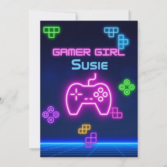 Spiel auf neonrosa, blau, gelb Gamer Einladung (Vorderseite)