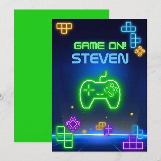Spiel auf neungrün, blau, gelb Gamer Einladung (Vorne/Hinten)