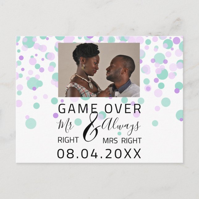 Spiel über lustiges Save the Date Hochzeitsdots-Fo Postkarte (Vorderseite)