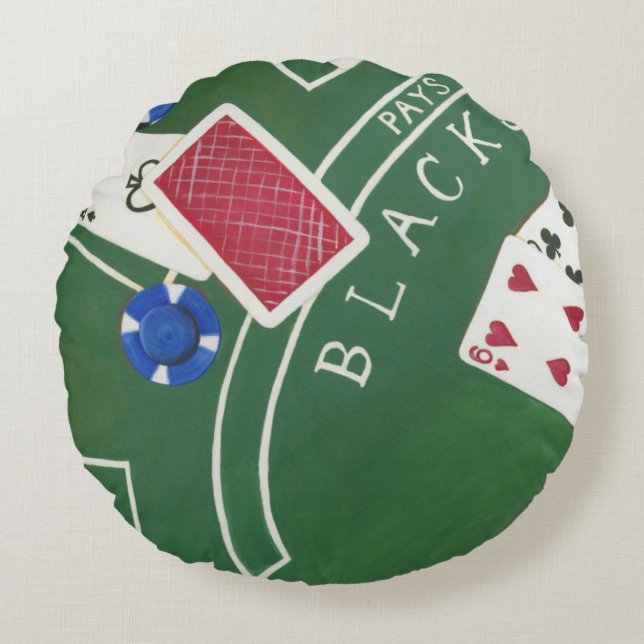 Spiel von Blackjack mit Chips durch Chariklia Rundes Kissen (Vorderseite)