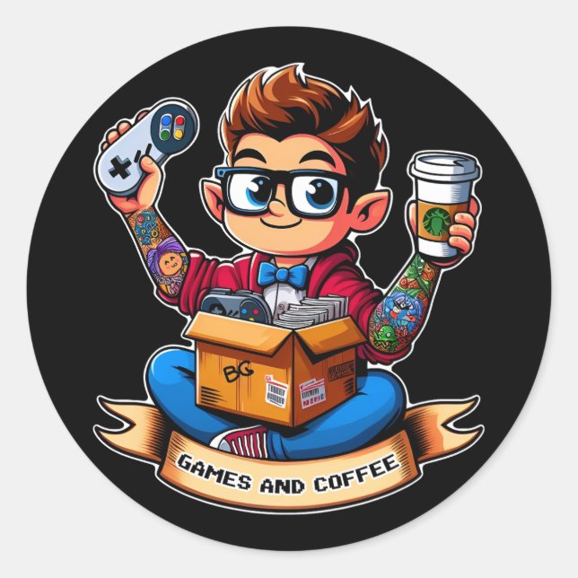 Spiele und Kaffee Runder Aufkleber (Vorderseite)