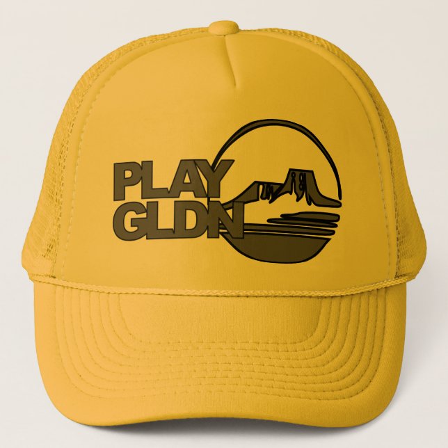 Spielen Sie goldenen #PlayGldn Hut - Grau auf Gold Truckerkappe (Vorderseite)