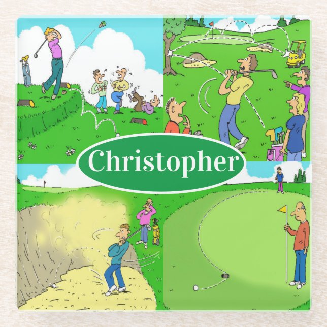 Spielen Sie Golf Cartoon mit Ihrem Namen. Glasuntersetzer (Vorderseite)