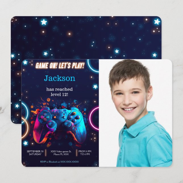 Spielen wir das Video Game Birthday Foto Einladung (Vorne/Hinten)
