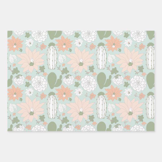 Spielend Cacti Peach Green Floral Print Geschenkpapier Set (Vorderseite)