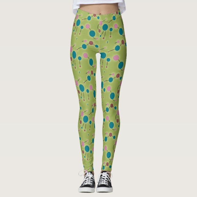 Spielend Retro kleine Moleküle Universe Blau Grün Leggings (Vorderseite)