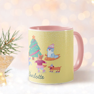 Spielende Hunde Ice Skaten Pastellgelbe Bezeichnun Tasse