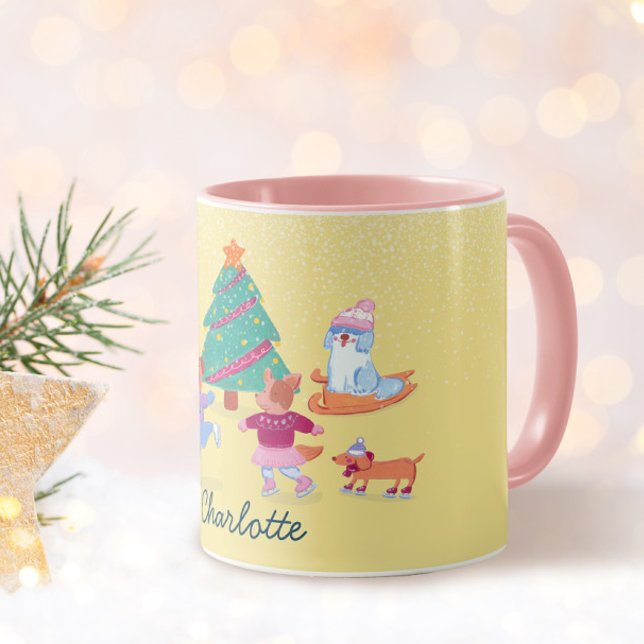 Spielende Hunde Ice Skaten Pastellgelbe Bezeichnun Tasse (Von Creator hochgeladen)