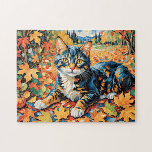 Spielende Katze im Herbst