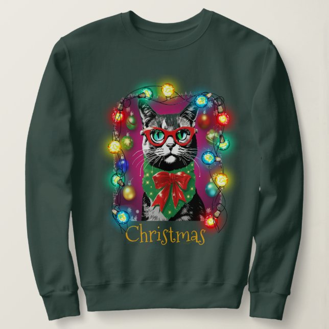 Spielende Katze mit hellen Weihnachtsleuchten Deko Sweatshirt (Design vorne)