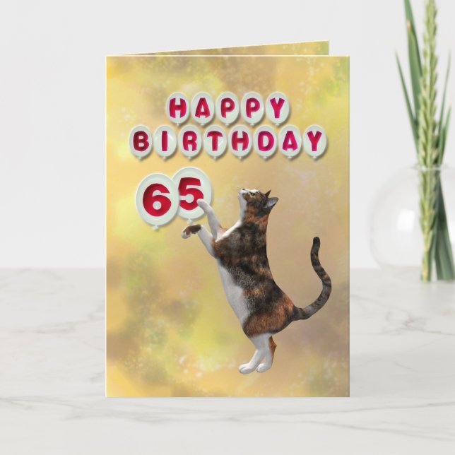 Spielende Katze und 65. Happy Birthday Ballons Karte (Vorderseite)
