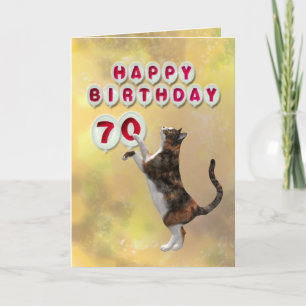 Spielende Katze und 70. Happy Birthday Ballons Karte