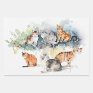 Spielende Katzen mit lebendigem Aquarellhintergrun Geschenkpapier Set