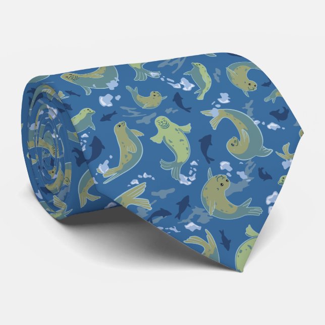 Spielende Siegel Marine Blue Neck Tie Krawatte (Gerollt)