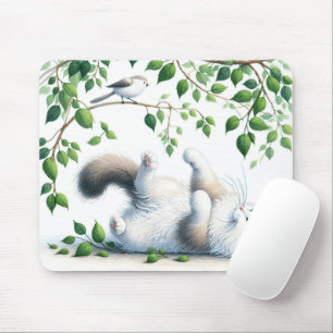 Spielende weiße Katze mit Bird in Tree Mousepad