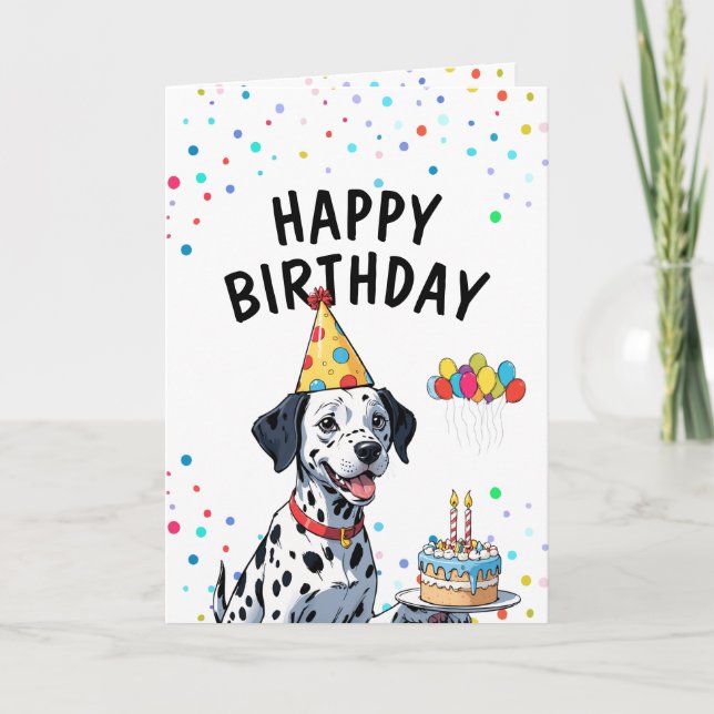 Spielender Dalmatiner Hund mit Kuchen Geburtstag Karte (Vorderseite)