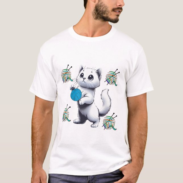 Spielender weißer Katzengarn in der Hand T-Shirt (Vorderseite)