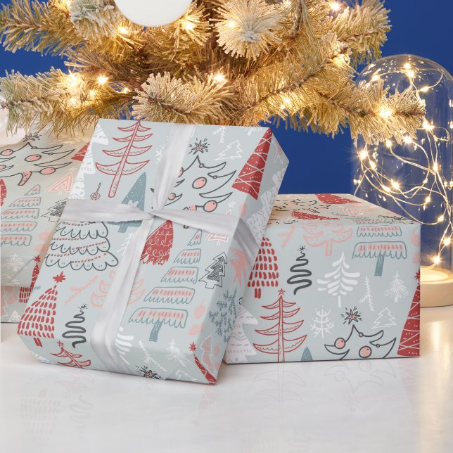 Spielerisch handGezeichnet Weihnachtsbäume Rot Wei Geschenkpapier (Feiertage)