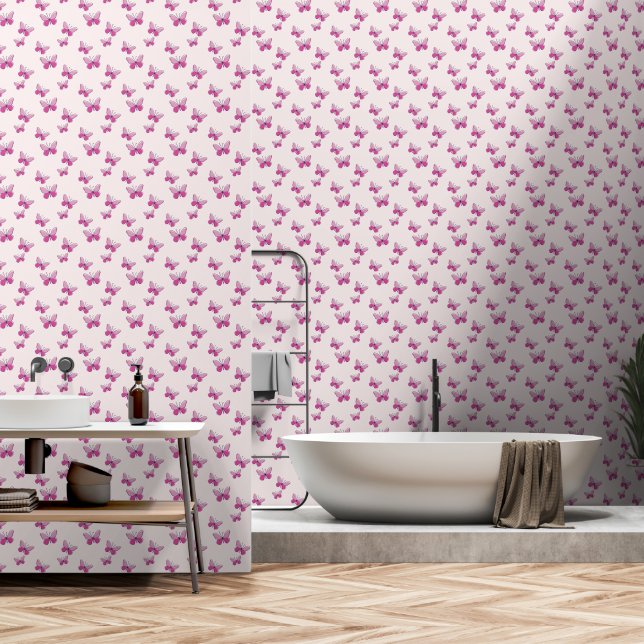 Spielerisch rosa Schmetterlingsinsekten Doodle Sty Tapete (Badezimmer)