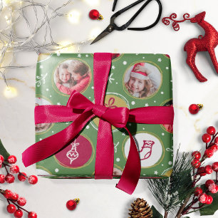 Spielerische Familienfoto-Collage Weihnachten Grün Geschenkpapier