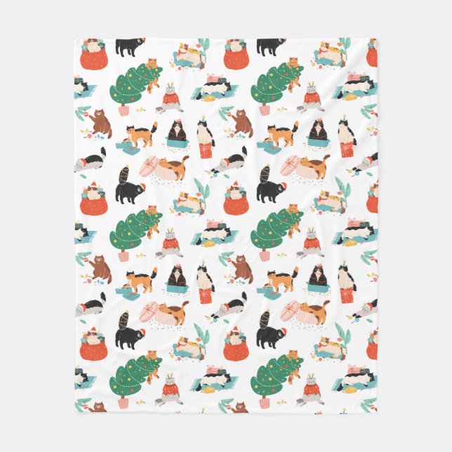 Spielerische Katzen und Weihnachtsbaummuster Fleecedecke (Vorderseite)