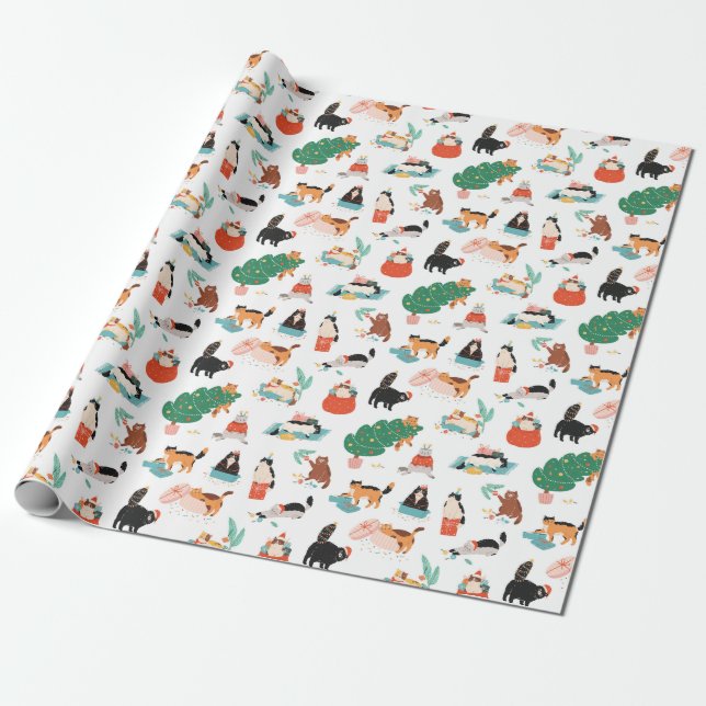 Spielerische Katzen und Weihnachtsbaummuster Geschenkpapier (Ungerollt)