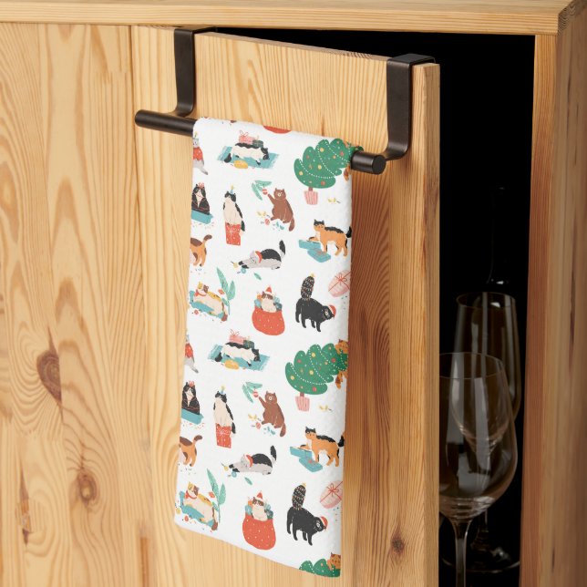 Spielerische Katzen und Weihnachtsbaummuster Geschirrtuch (Drittel gefaltet)