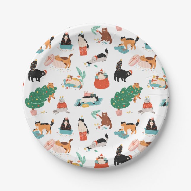 Spielerische Katzen und Weihnachtsbaummuster Pappteller (Vorderseite)