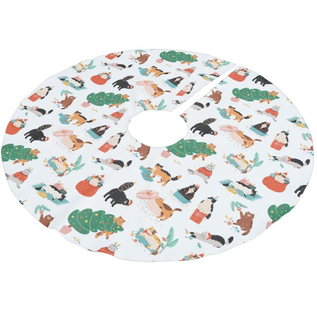 Spielerische Katzen und Weihnachtsbaummuster Polyester Weihnachtsbaumdecke (Schrägansicht)