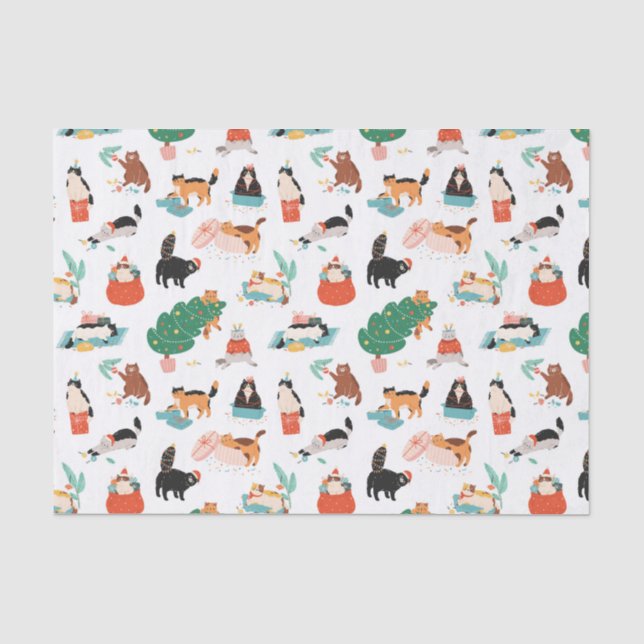 Spielerische Katzen und Weihnachtsbaummuster Seidenpapier (Vorderseite)