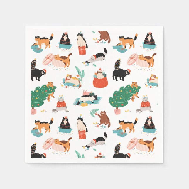 Spielerische Katzen und Weihnachtsbaummuster Serviette (Vorderseite)