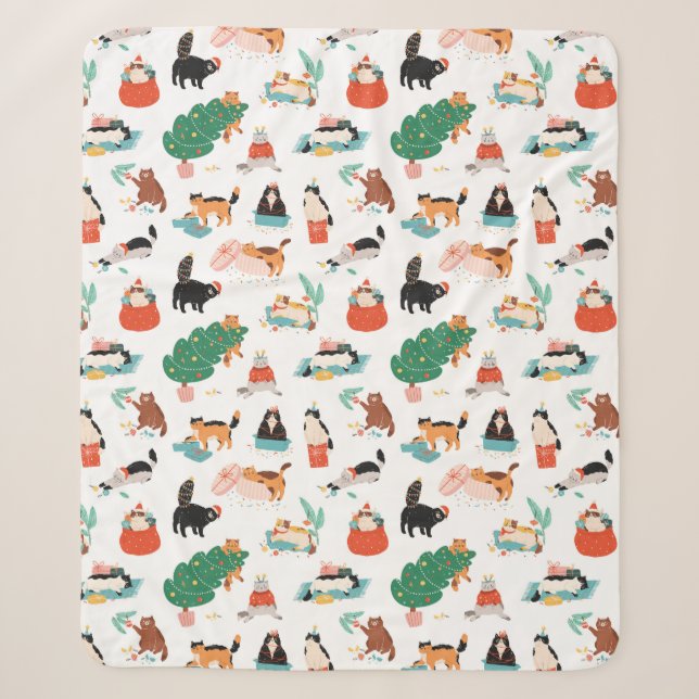 Spielerische Katzen und Weihnachtsbaummuster Sherpadecke (Vorderseite)