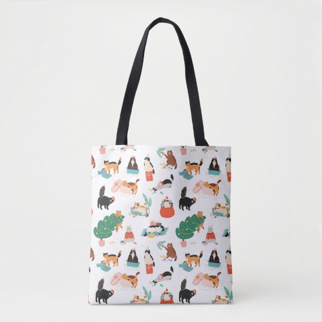 Spielerische Katzen und Weihnachtsbaummuster Tasche (Vorderseite)