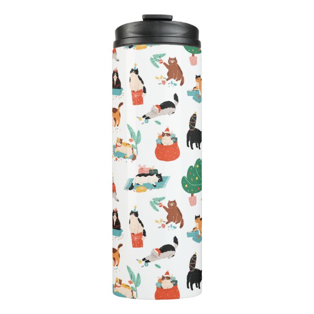 Spielerische Katzen und Weihnachtsbaummuster Thermosbecher (Vorderseite)