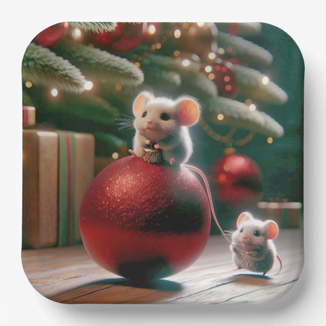 Spielerische Maus auf Red Christmas Ornament Pappteller (Vorderseite)