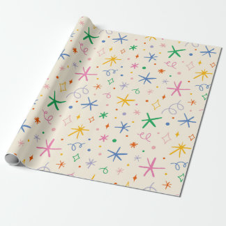 Spielerische Sterne und Wirbel, buntes Muster Geschenkpapier