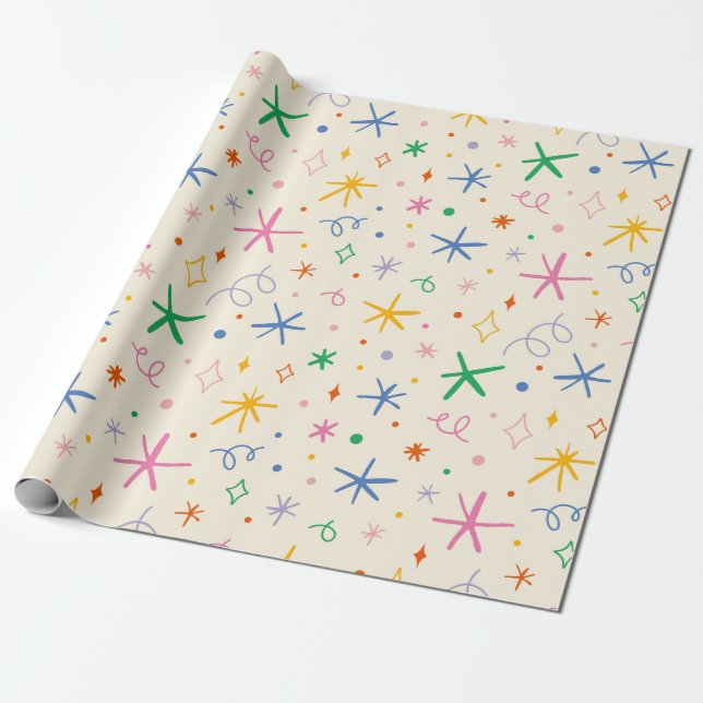 Spielerische Sterne und Wirbel, buntes Muster Geschenkpapier (Ungerollt)