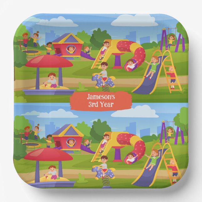 Spielerischer Cartoon Kinderspielplatz Name Pappteller (Vorderseite)