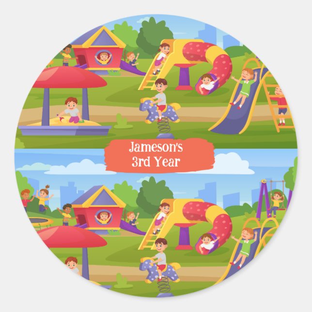 Spielerischer Cartoon Kinderspielplatz Name Runder Aufkleber (Vorderseite)