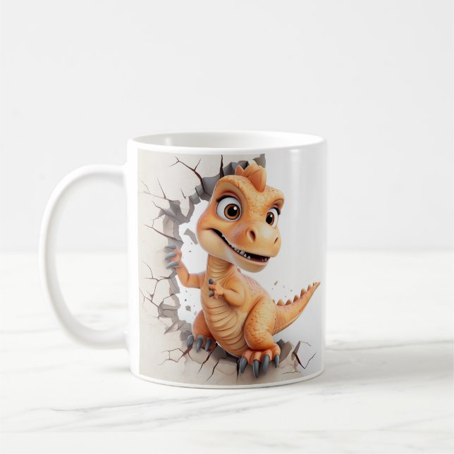 Spielerischer Dinosaurier bricht durch Beige Wall  Kaffeetasse (Links)