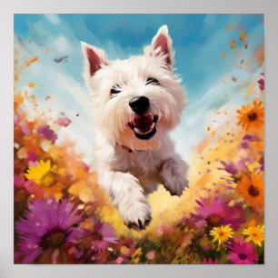 Spielerischer Hund, der durch farbenfrohe Blume lä Poster