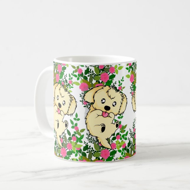 Spielerischer Hund im Garten der Rose und der Natu Kaffeetasse (Vorderseite Links)