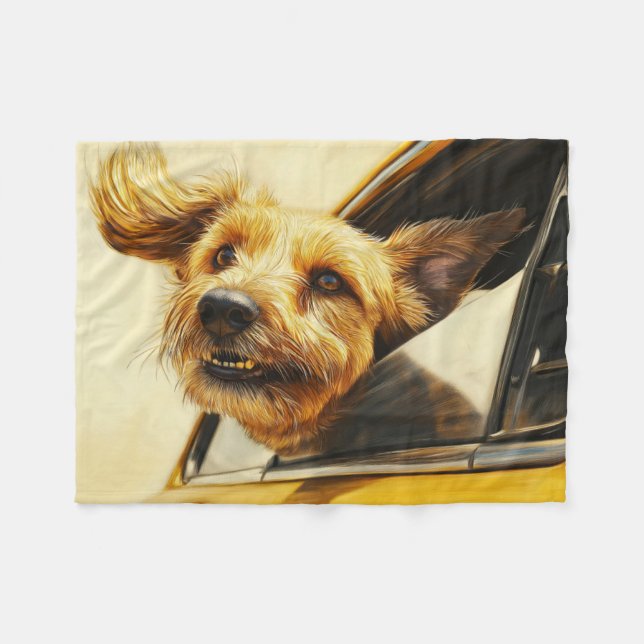 Spielerischer Hund Spaß an der Autofahrt Kunst dru Fleecedecke (Vorderseite (Horizontal))