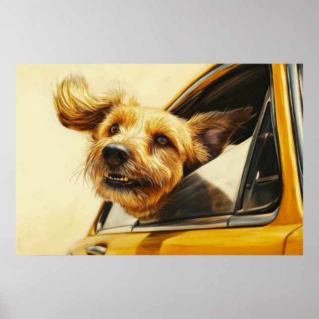 Spielerischer Hund Spaß an der Autofahrt Kunst dru Poster (Vorne)